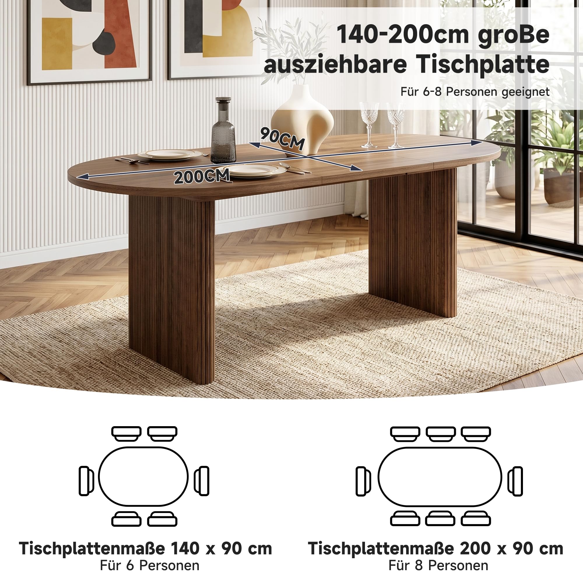 Tavolo da pranzo allungabile 140/200 x 90 cm, tavolo da pranzo per 6-8 persone, tavolo da cucina con piano da 3 cm, angoli arrotondati e gambe lamellari, moderno tavolo da pranzo in noce (noce