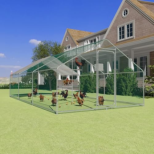 Gallinero de metal grande con marco de escalada jaula para aves de corral con cubierta impermeable y anti-UV, gallinero de acero galvanizado con