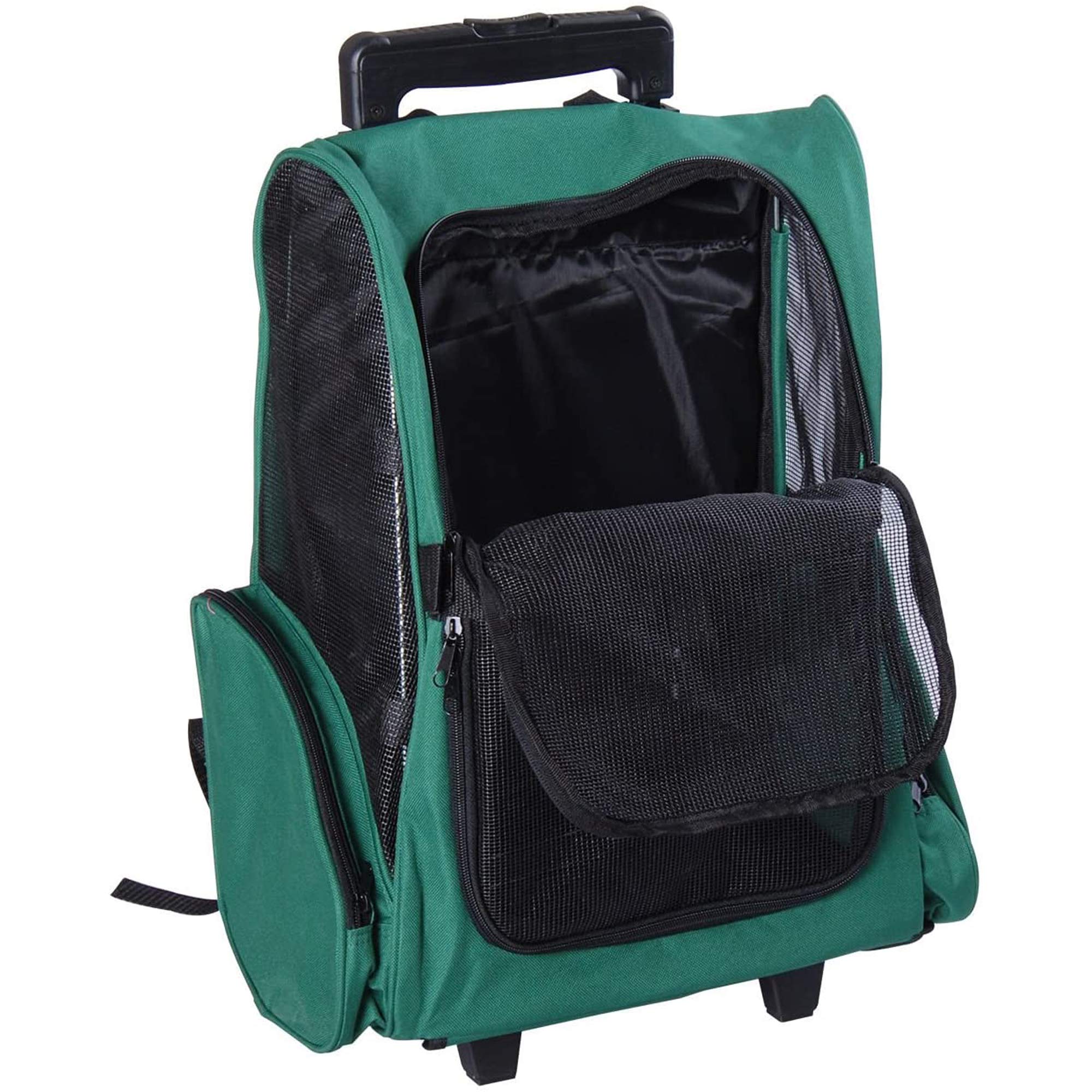 Pawhut Transportín 2 en 1 para Mascotas Mochila o Carrito de Viaje para Perro y Gato con 2 Ruedas con Asa retráctil de Aluminio y Bolsillos 42x25x55 cm Verde