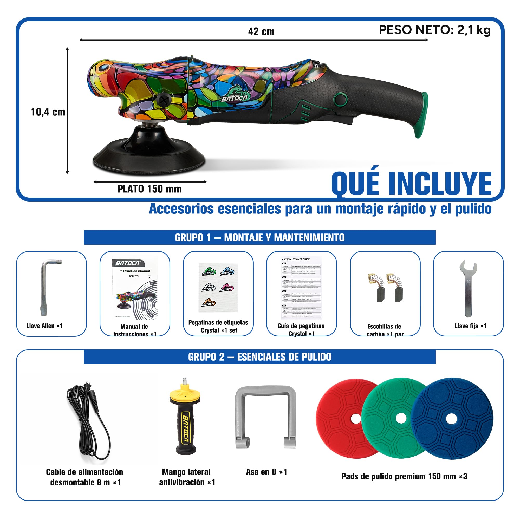 BATOCA P2 Pulidora de Coche 1000W Alto Par - Rotativa 150mm Profesional para Corrección de Pintura - Antivibración, Cable Extraíble 8m, 6 Velocidades 1000-3800 rpm - Barco, Caravana, SUV
