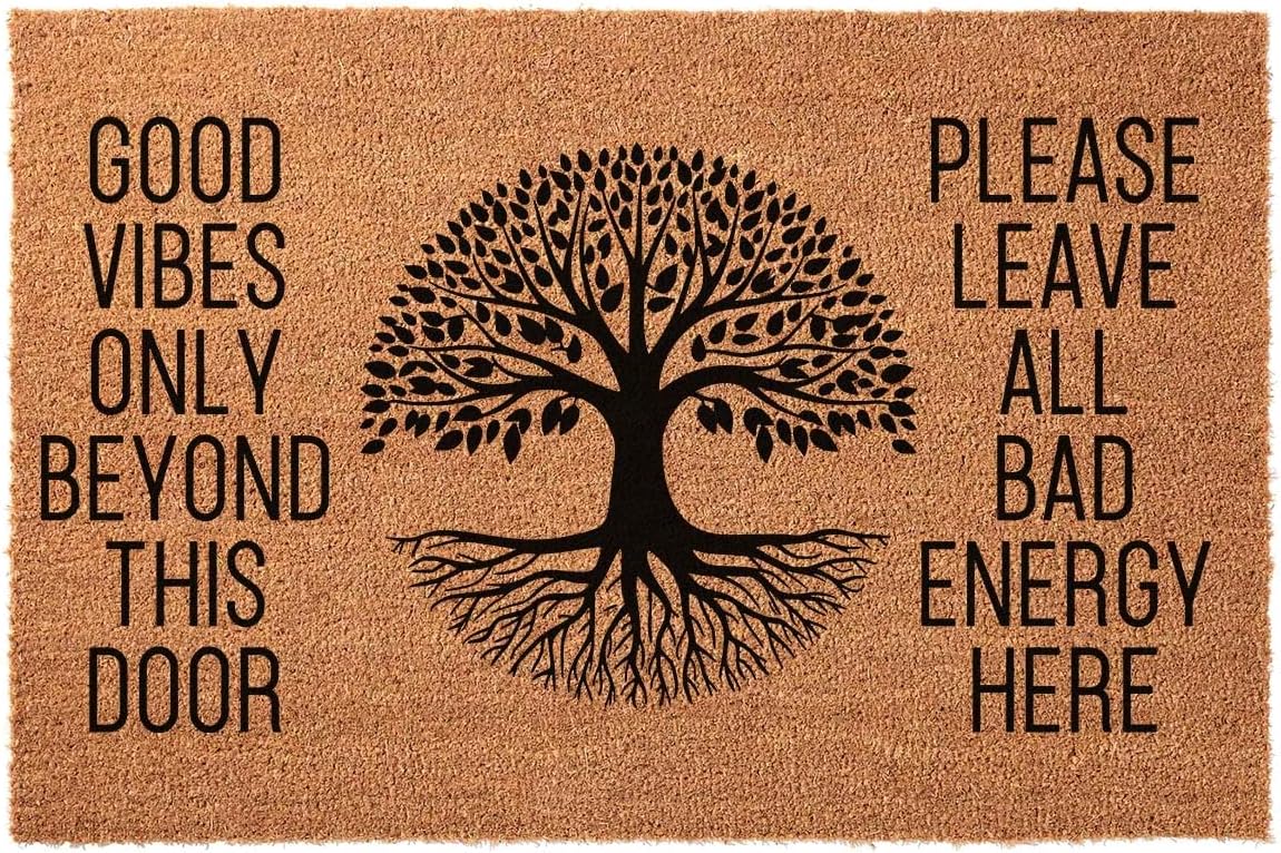 Funny Coir Doormat 23.6 x 15.7 inch Personalized House Warming Gift Mat for Outside Entrance Front Porch Patio Door Non-Slip Decor (Tree of Life Good Vibes Only Beyond This Door)