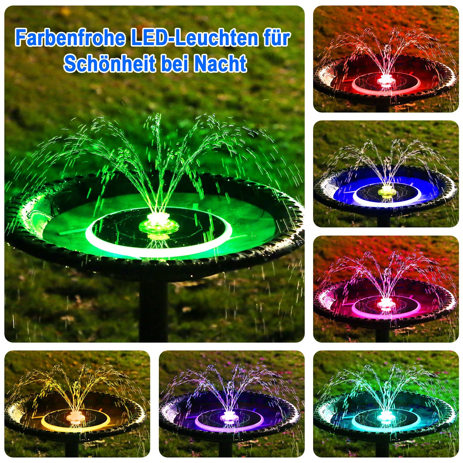 AISITIN 6,5W LED Solarbrunnen für Draussen Verbessert mit 3300mAh Akku, Solar Schwimmender Fontäne Pumpe mit Verschiedene Sprüh Effekten,mit Lichtleiste, Solar Springbrunnen für Außen für Garten,Teich