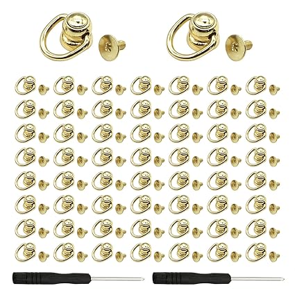 60 Pcs Screwback Round Head Rivet with Pull Ring Studs D Ring 360 Rotatable for DIY Leather with Mini Screwdriver (Gold)