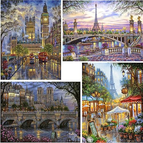LANDFAIR Kits de pintura de diamantes, 15 x 20 pulgadas, redondo, serie Cities & Skylines, kits de arte de diamantes para adultos, paquete de 4