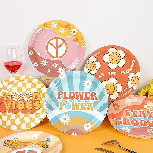 Miniatura 6 de Groovy - Platos de papel para fiesta de estilo bohemio, desechables, de 9 pulgadas, pastel de cumpleaños de los años 70, platos llanos de flores de