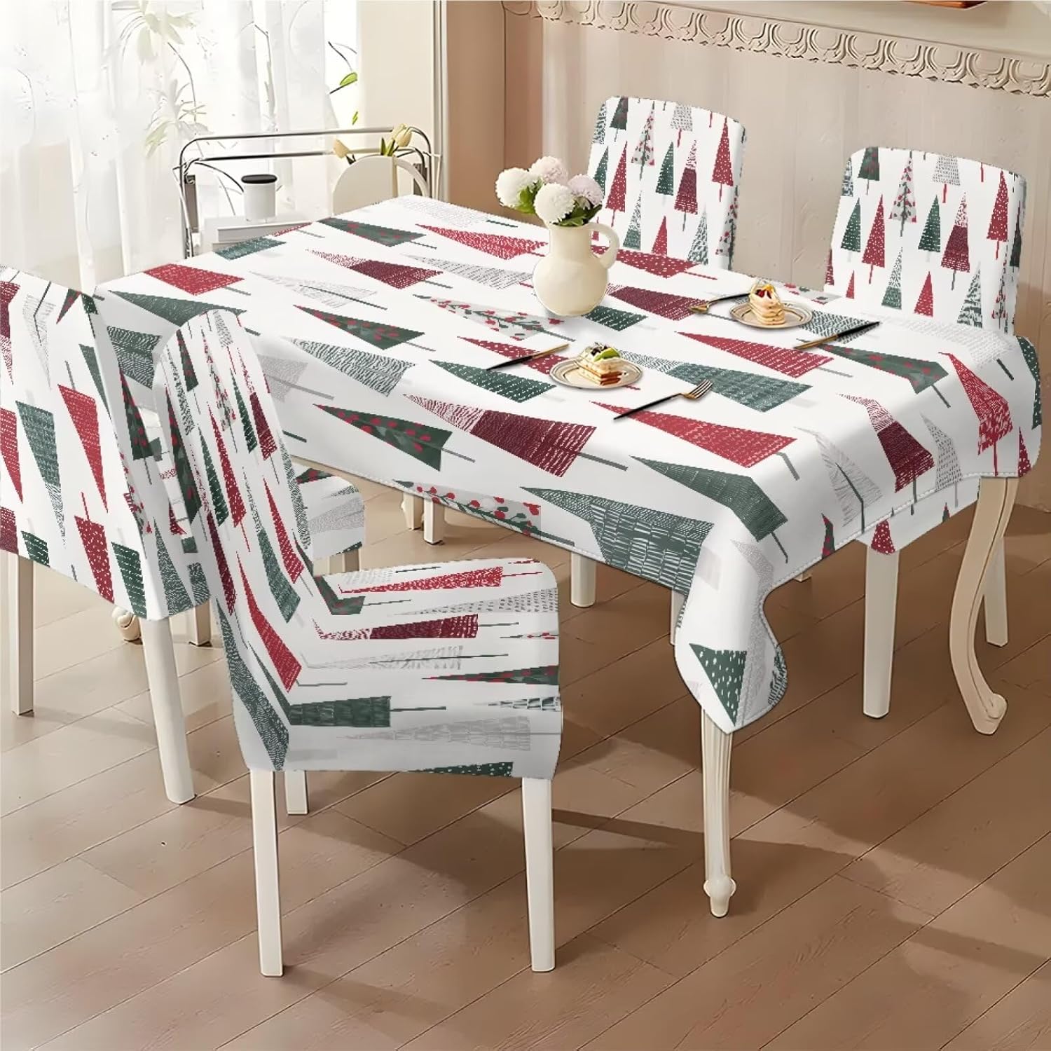 5 Pack Table Cloth Rectangle Table and Dining Room Chair Cover Set, Dust Proof Anti-Wrinkle Tablecloths Comfy Chair Seat Slipcovers for Kitchen Decor, Geometric Christmas Tree Print