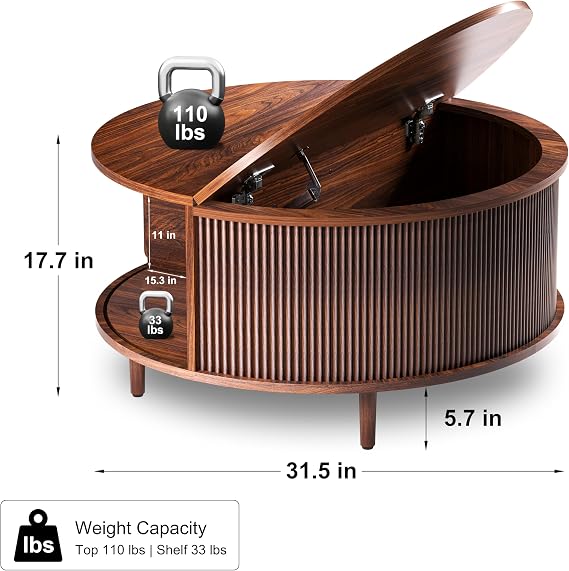Round Coffee Table, 31.5 Fluted Center Table with Storage, Lift-Top Coffee Table with Adjustable Footpads, Sliding Door, Mid-Century Modern Center Table for Living Room, Small Space, (Walnut)