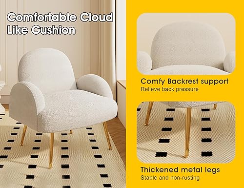 Miniatura 6 de Moderna silla decorativa Sherpa Boucle, silla de tocador tapizada con brazo con patas de metal para esquina, sillas laterales de lectura esponjosas
