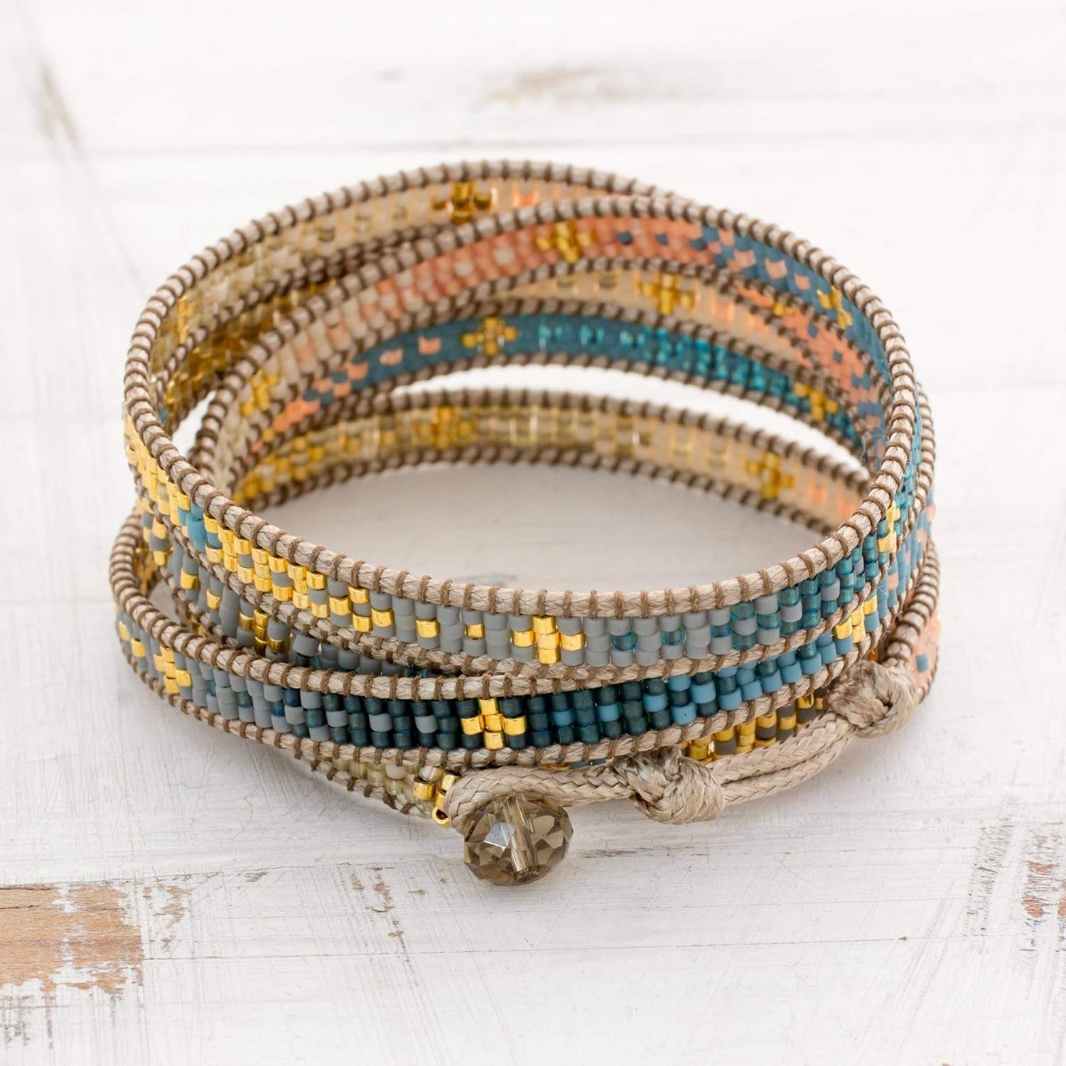 NOVICA Coral and Blue Glass Beaded Wrap Bracelet with Loop Closure, 35" 'Cerro de la Cruz in Blue' : Clothing, Shoes & Jewelry