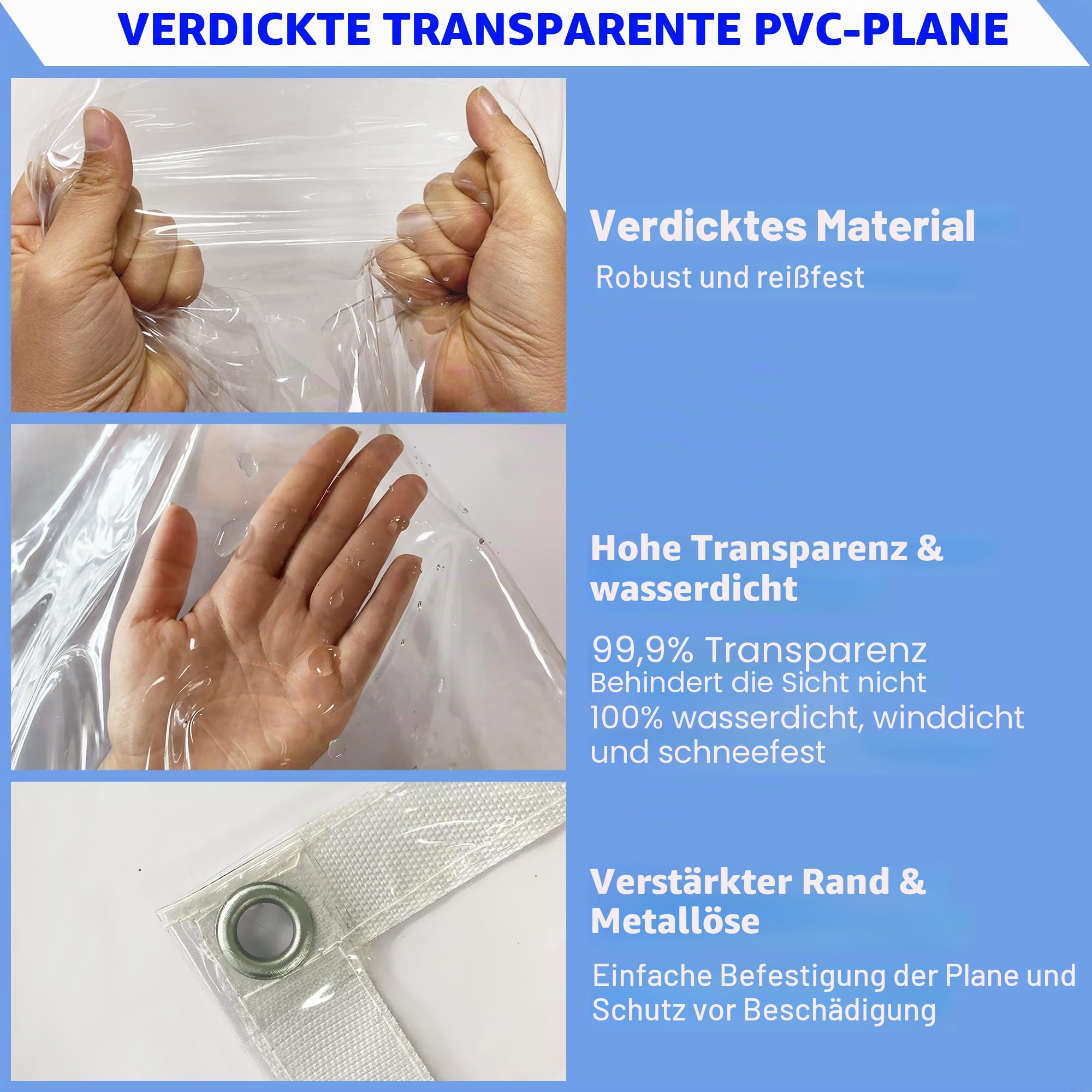 Abdeckplane Wasserdicht 2,44 x 2,44 m, 500 g/㎡ PVC Transparente wasserdichte Plane, Reißfest und UV-Beständig, Transparente Plane mit Ösen Kann Im Garten Verwendet Werden