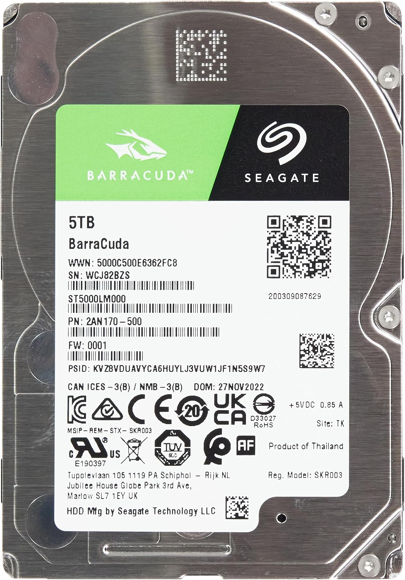 Seagate BarraCuda 5 TB Internal Hard Drive HDD – 2.5 Inch SATA 6 Gb/s 5400 RPM 128 MB Cache for Computer Desktop PC (ST5000LM000)