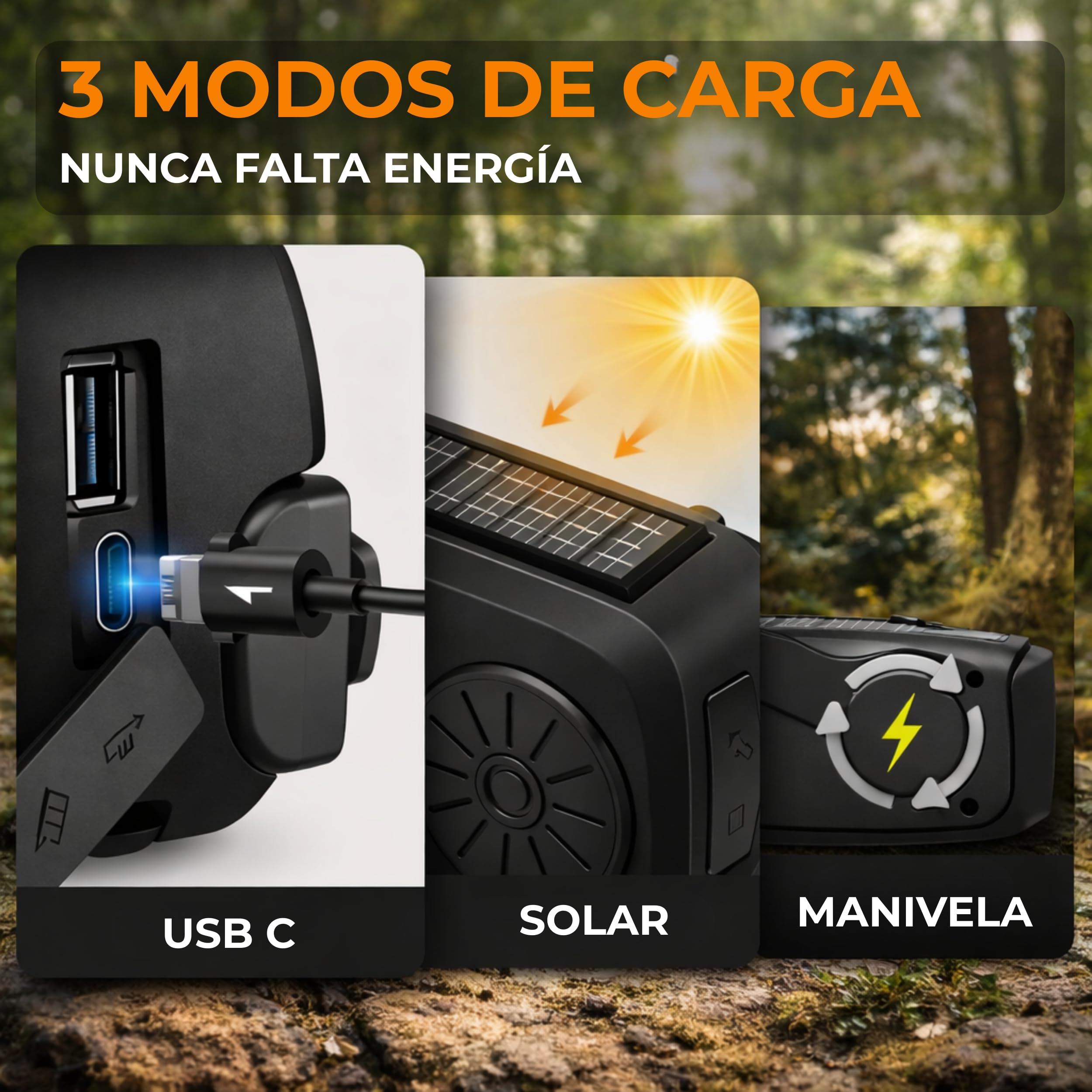 Radio Solar de Emergencia portatile con Manivela, 2000mAh, Power Bank, Radio a Pilas Am/FM/WB con Dinamo y Panel Solar, Linterna LED,linternas led Alta Potencia, Despertador Solar, Linterna Potente