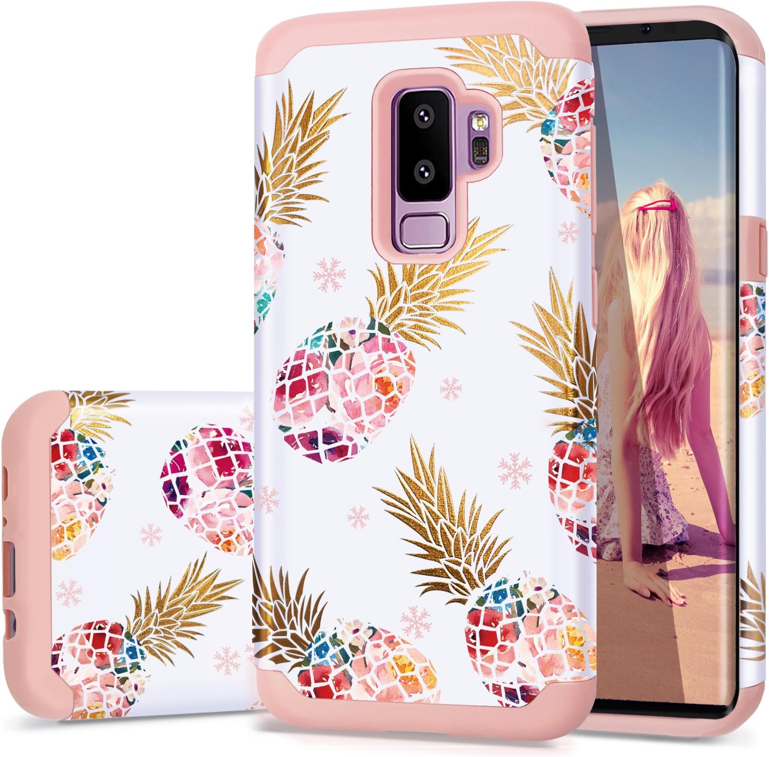 Fingic Samsung S9 Plus Case,S9 Plus Case Pineapple, Slim&Shiny Multi-Colorful Pineapple Cover Hard PC&Soft Rubber Anti-Scratch Skin Cover for Samsung Galaxy S9 Plus6.2(2018),Floral Pineapple/Pink