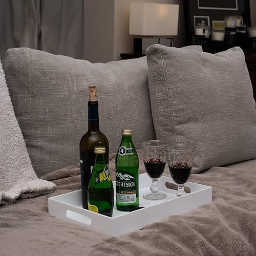 Miniatura 5 de Bandeja de acrílico resistente de color blanco brillante con asas de 10 x 15 x 2 pulgadas de alto, a prueba de derrames, bandejas decorativas,