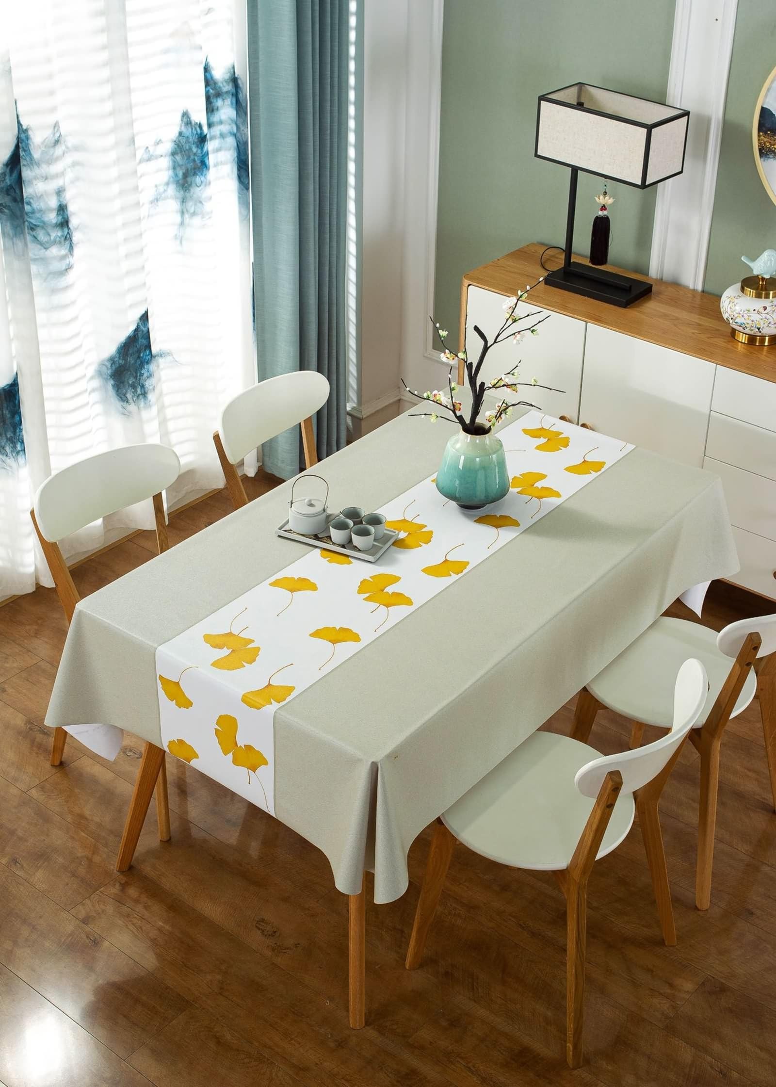 Tovaglia da Cucina Rettangolare, Tovaglie 140 x 300 cm Modello Ginkgo Biloba in PVC Tovaglia per La Decorazione della Casa CucinaBeige