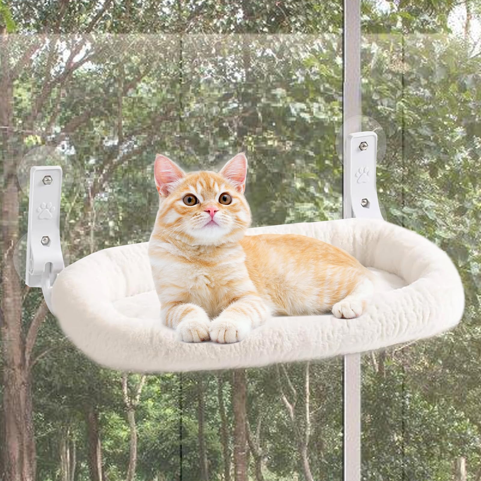 Cordless Hamac pour chat, chaise longue avec ventouses et rembourrage en tissu double face amovible, pliable, pour chat, fenêtre, perche, jusqu'à 15 kg, pour fenêtre et mur, 30 x 52 cm, blanc