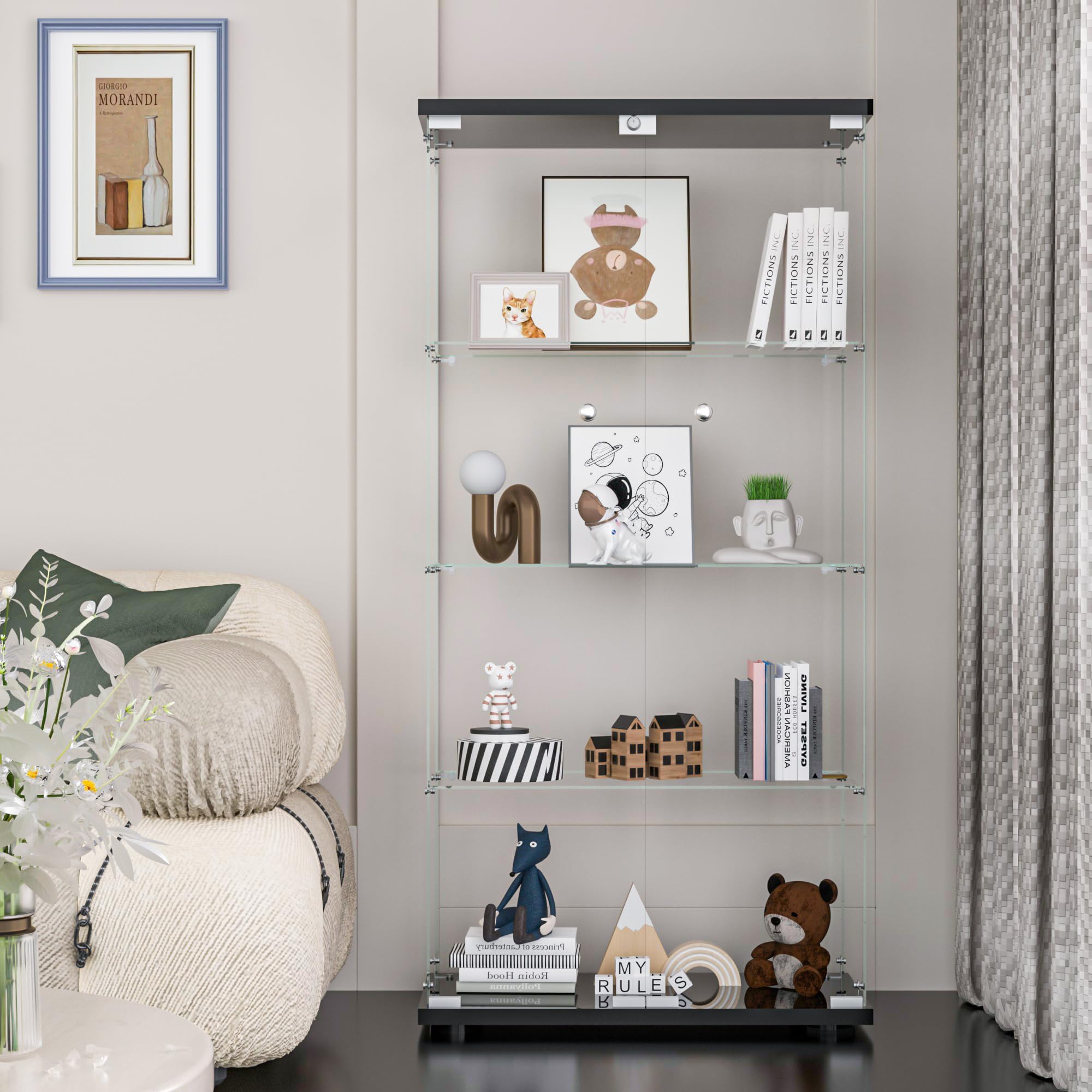 Glass Display Cabinet with Double Door and Lock, Quick-Install Style 4-Shelf Curio Cabinet 5mm Tempered Glass Floor Standing Bookshelf for Living Room, Bedroom, 65" H x 32''L x 14''W (Black)