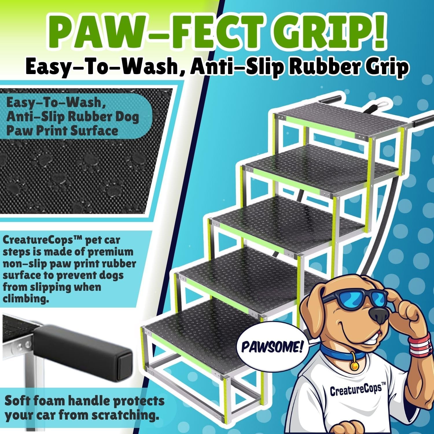 CreatureCops™ Dog Steps for Car | Glow-in-The-Dark, 175lb Support | Foldable, Non-Slip Dog Stairs for Large Dogs | Lightweight Aluminum with Carry Bag | 5 Steps for Car & Home