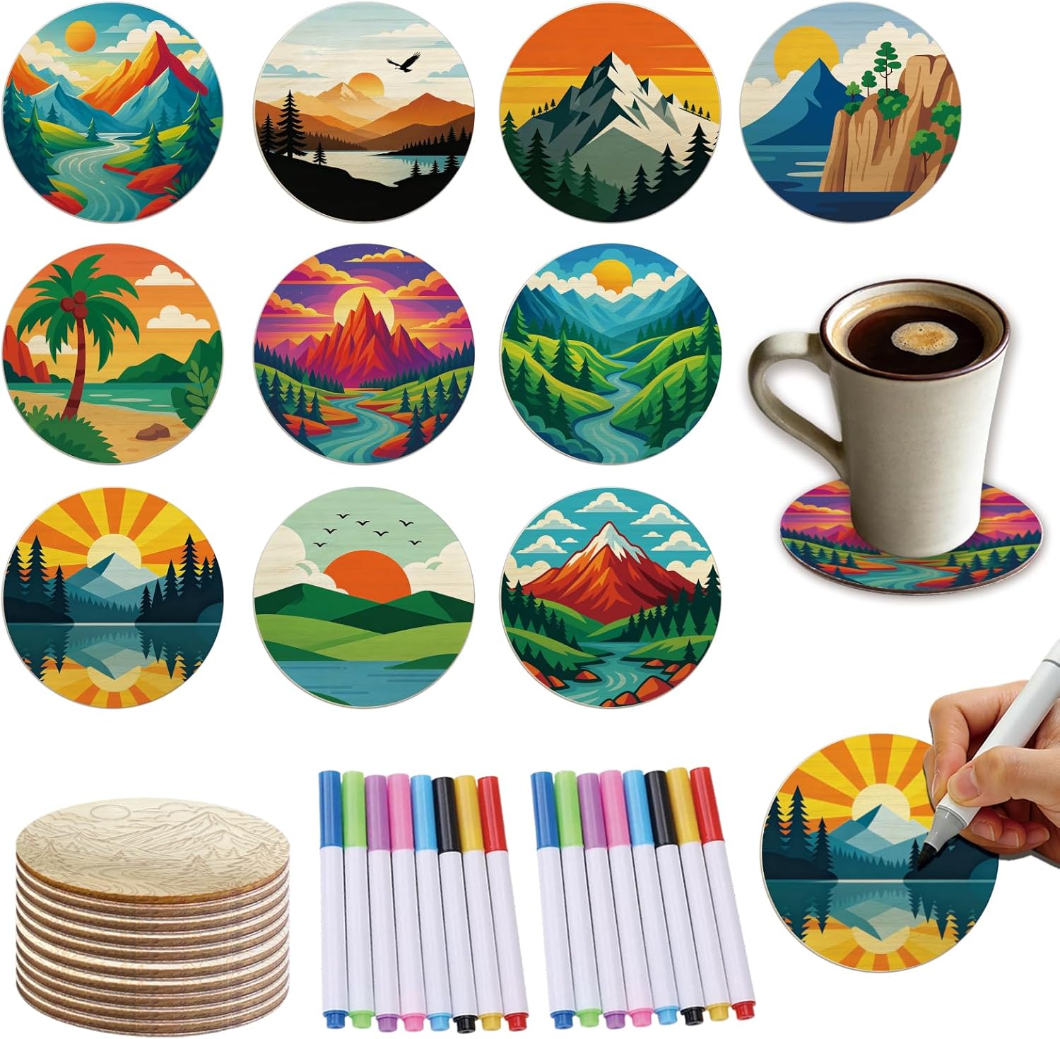 26PCS Wood Coasters Craft Kit 10 Paint You Own Coaster with 16 Markers Wooden Coasters Painting Set for Adults Beginners DIY Coaster Kit Landscape Painting Crafts Art Supplies(Landscape)