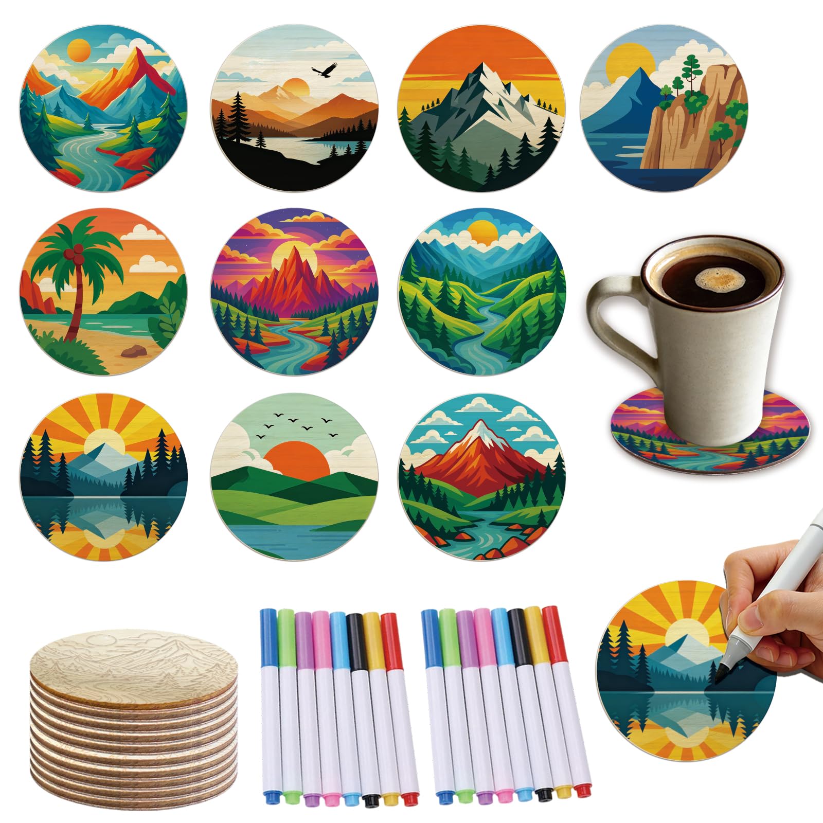 TWINKLEMON 10 Pcs Wooden Coasters Painting 4 Inch with 8-colour Marker