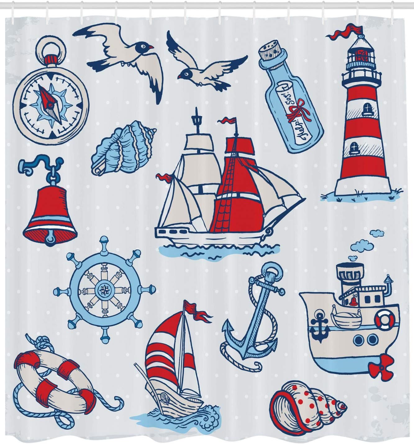 Ambesonne Nautical Shower Curtain, Symbolic Sea Creatures Navigation Gulls Compass Holiday Shell Water Design, Cloth Fabric Bathroom Decor Set with Hooks, 69" W x 70" L, Blue Red