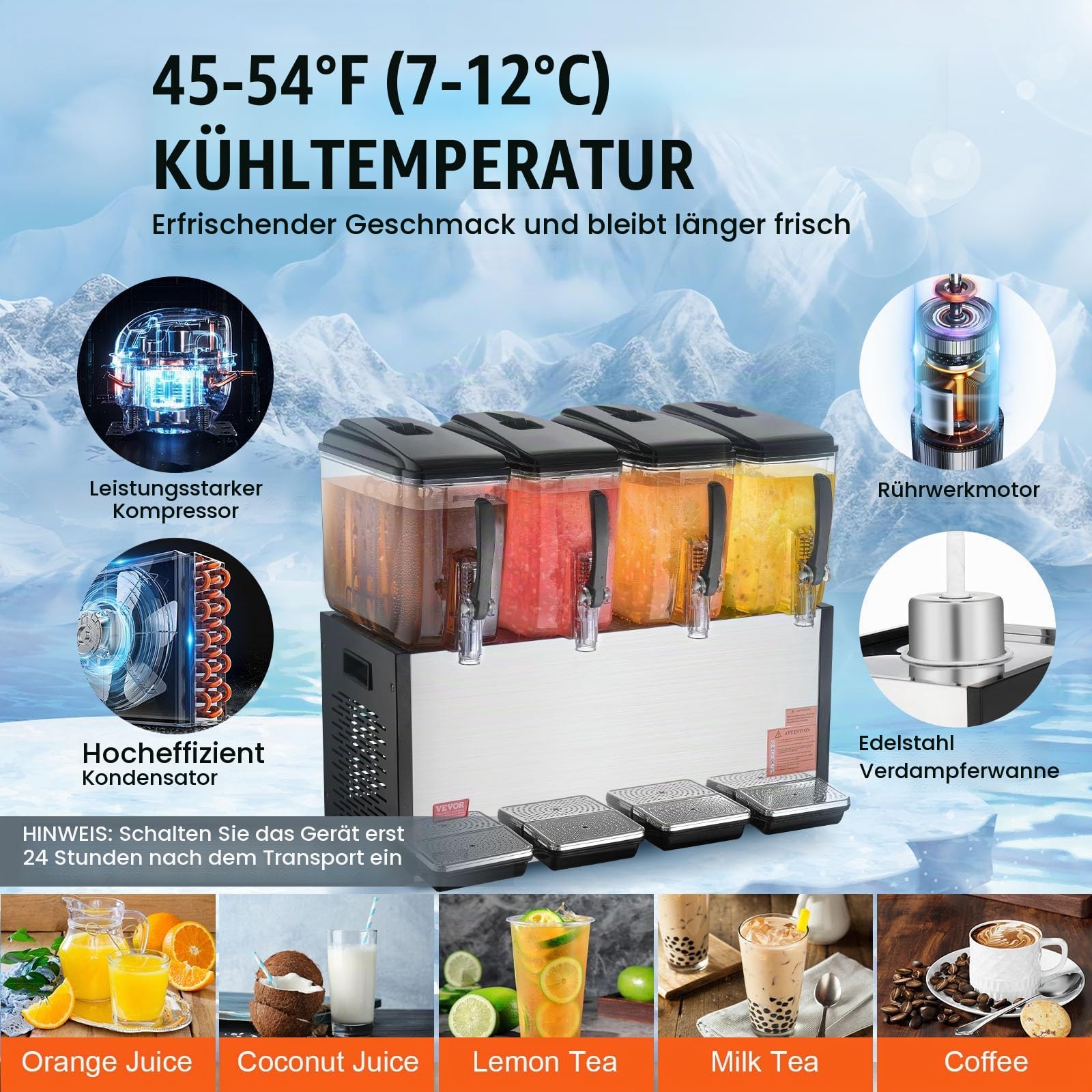 VEVOR kommerzieller Getränkespender mit 4 Tanks, Saftspender 12 L (pro Tank), 510 W Edelstahl Eistee-Getränkeautomat mit 7–12 °C Kühltemperatur, für Kaltgetränke Restaurant Bar Party Buffet Catering