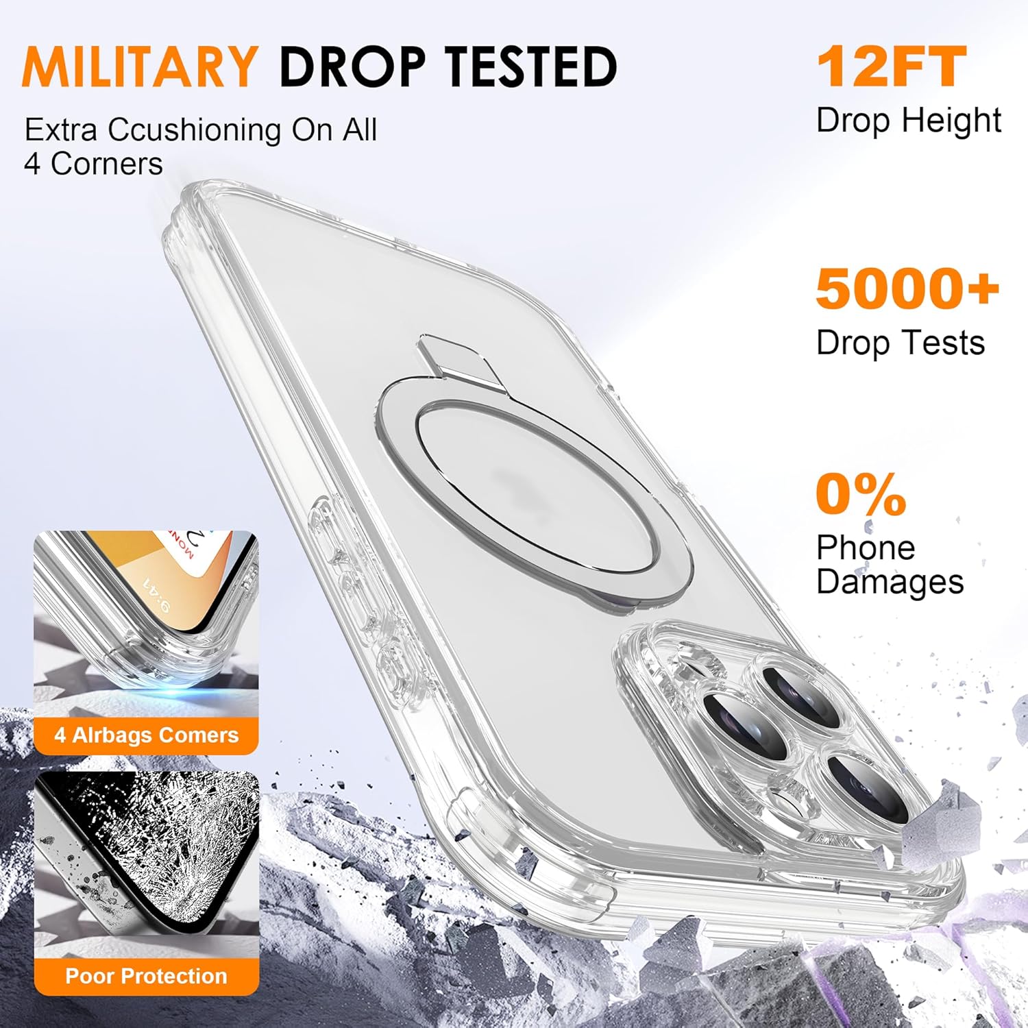 for iPhone 16 Pro Max Case with Invisible Magnetic Stand, Compatible with Mag-Safe Military-Grade Protection with Built-in Screen Protector, Shockproof Phone Case for Women Men, Clear