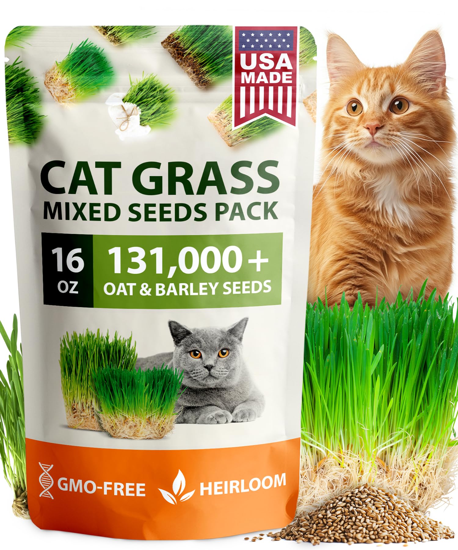 HOME GROWN 𝗨𝗦𝗔 𝗣𝗥𝗘𝗠𝗜𝗨𝗠 1 Pound Cat Grass Seeds for Cat & Kittens Oat & Barley Mix 100% 𝗡𝗢𝗡-𝗚𝗠𝗢 Heirloom, Grow Fresh Kitty Grass for Chewing, Pet Grass for Cats Indoor Garden
