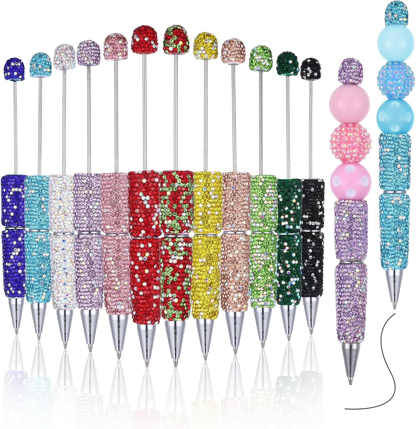 12 Pcs Beadable Pens Glitter Beadable Pens Bulk, Full Rhinestone Diamond Beaded Pen Kit, Bling Ballpoint Pen for DIY Craft Making Journaling, Office School Supplies, Women Girls Gifts