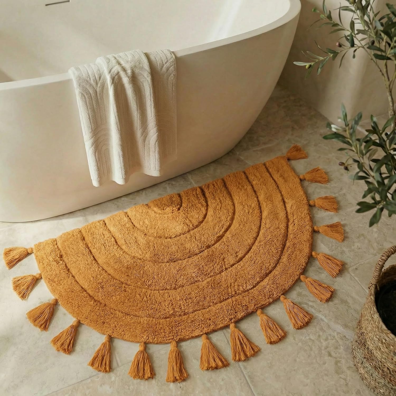 KIBAGA Boho Mustard Half Circle Bathroom Rug - 100% Cotton Non-Slip Tassel Bath Mat 37x21.6 Inch Absorbent Crochet Design