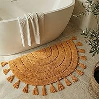 KIBAGA Boho Mustard Half Circle Bathroom Rug - 100% Cotton Non-Slip Tassel Bath Mat 37x21.6 Inch Absorbent Crochet Design