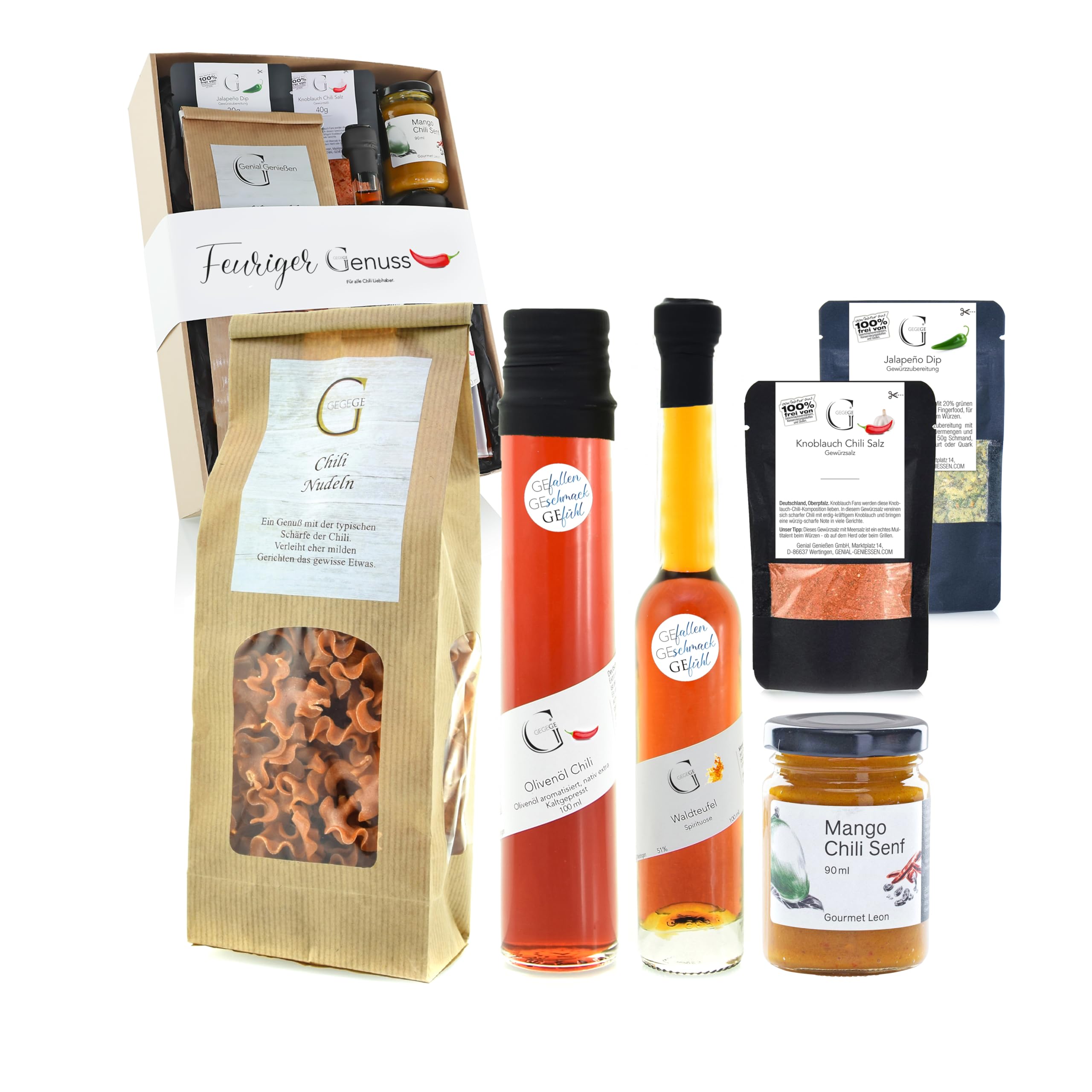 GeGeGe Geschenk-Set FEURIGER GENUSS/Geschenk-Idee für Männer und Frauen die es scharf mögen/Geschenkkorb - feinste Delikatessen zum Verschenken/Feinkost-Spezialitäten Präsent-Korb zum Geburtstag
