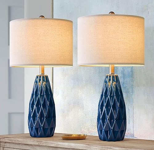 Lámparas de 24.75 "para mesitas de noche Juego de 2 lámparas de noche de cerámica modernas, lámparas de mesa azules para mesas auxiliares de sala de