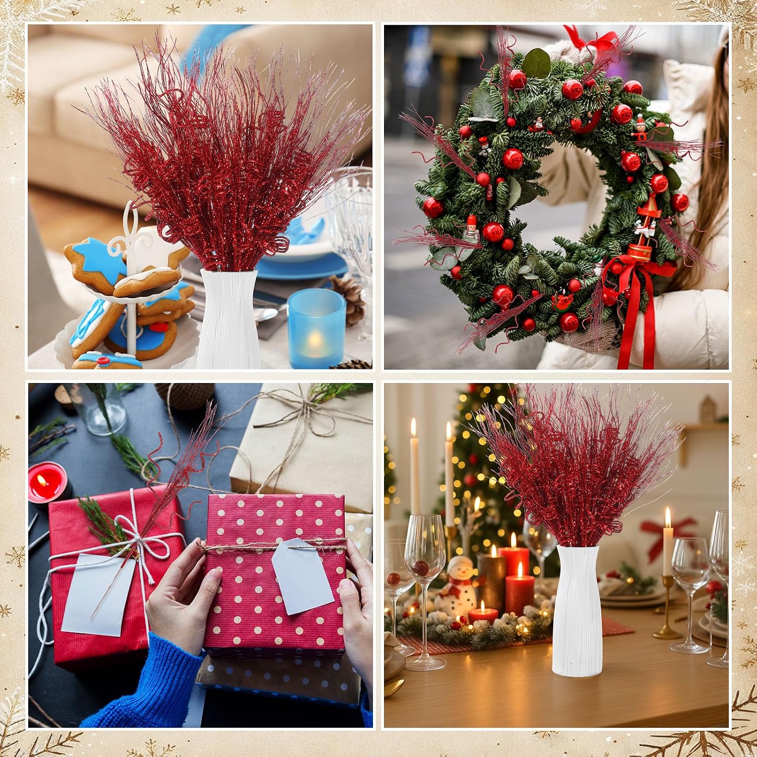 Suncalla 24 Pcs 16.5 Inch Christmas Tree Picks Glitter Artificial Curly Sprays Christmas Floral Stems Branches for Xmas Tree Sticks Garland Ornaments Vase Filler Decorations (Red)