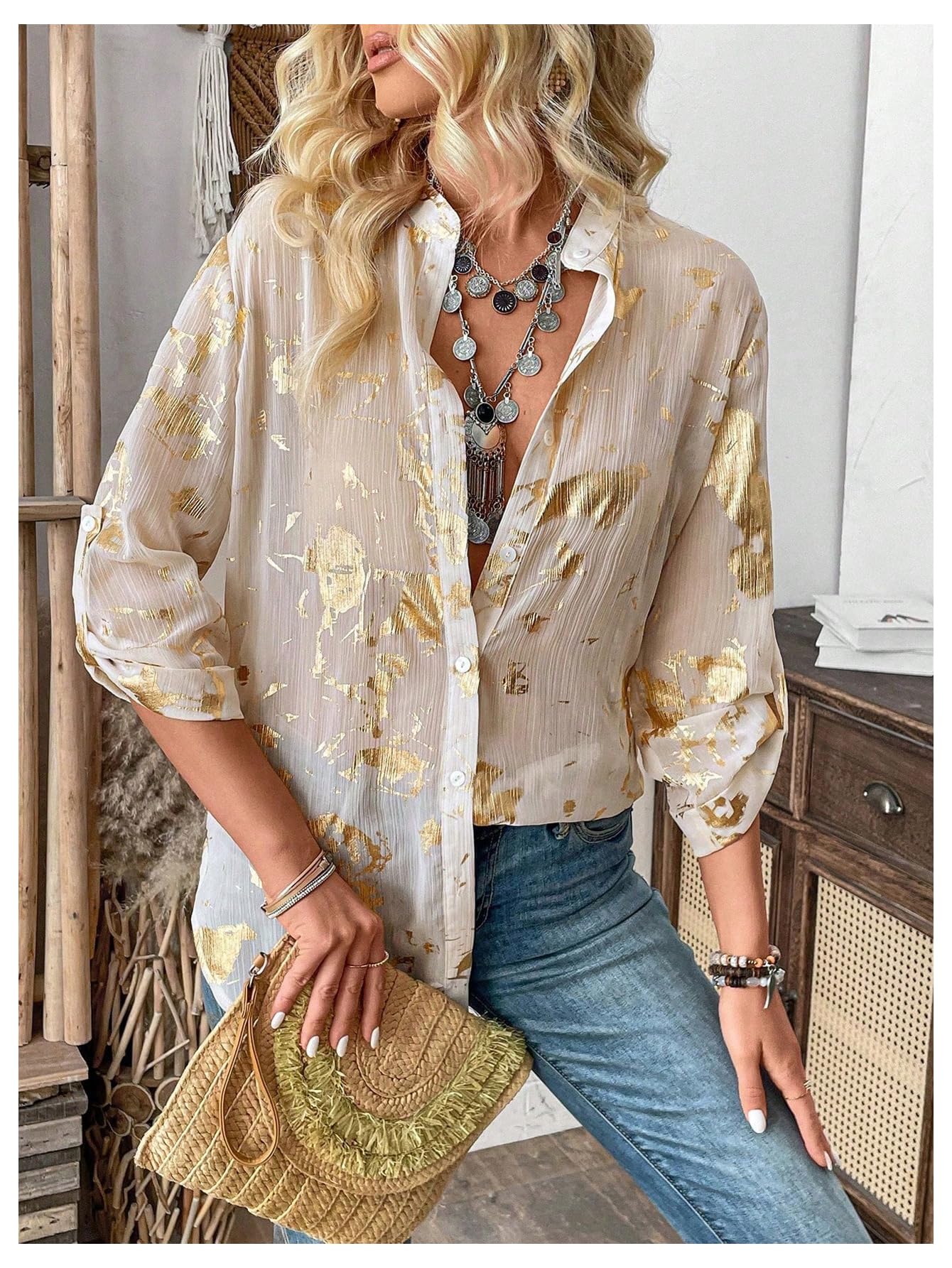 GORGLITTER Women's Sheer Button Down Shirts Long Sleeve Blouse Business Tops