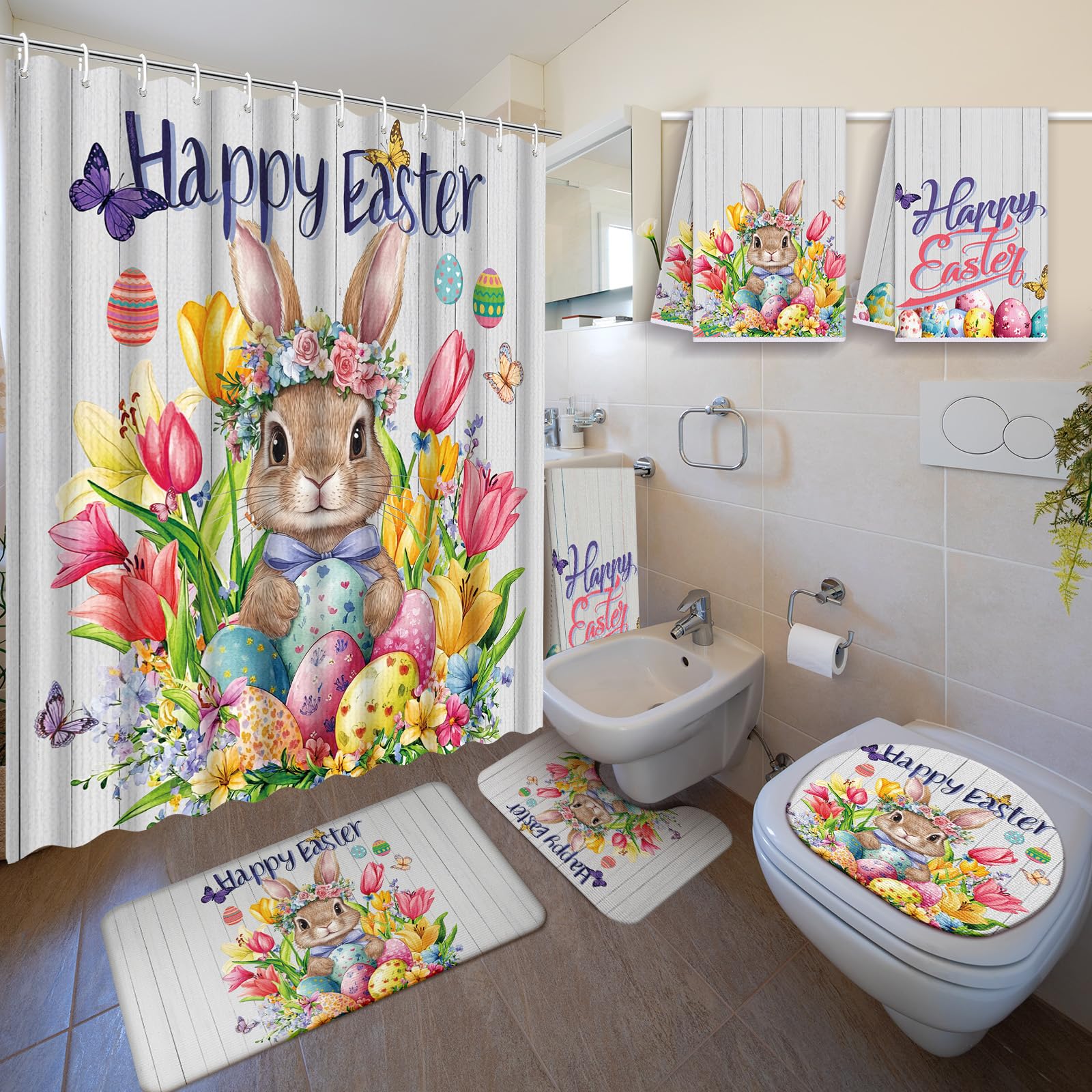 Nuanchu - Set of 6 Easter Shower Curtains with Rug, Bathroom Sets with Shower Curtain, U-Shaped Mat, 2 Bath Towels and 12 Hooks, Rabbit Flower Design