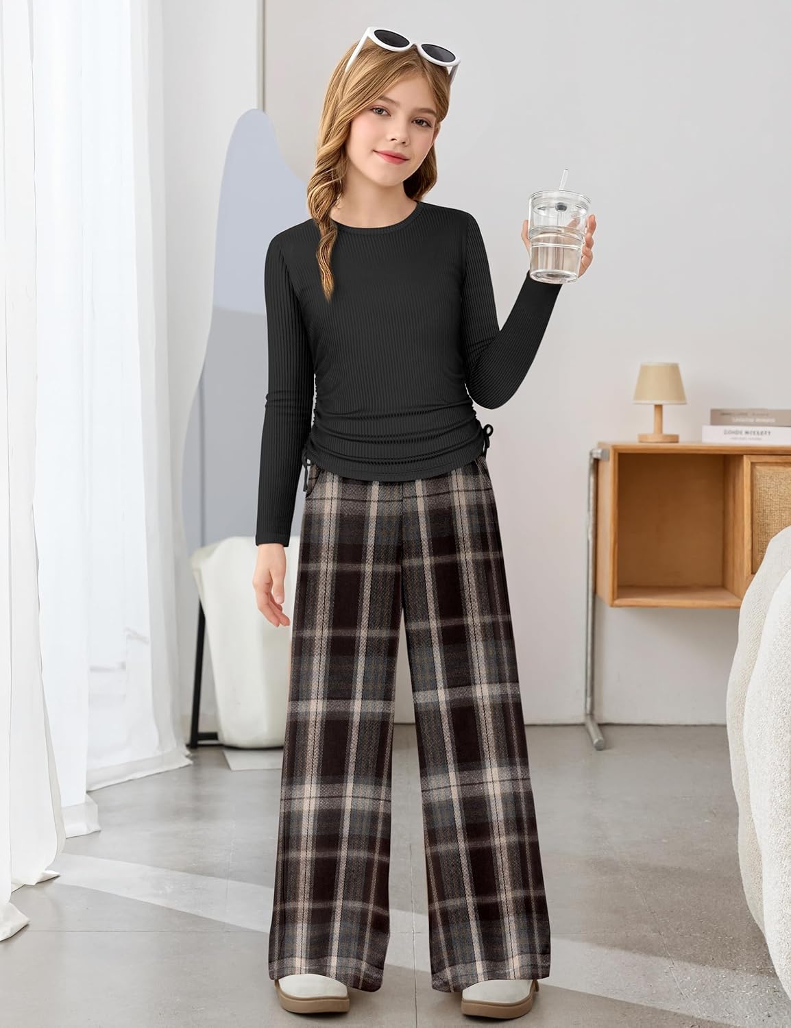 NAPU Girls Clothes 2 Piece Girls Outfits Crew Neck Solid Long Sleeve Tops Ruched Drawstring Shirt Plaid Pants Set 7-14 Years Black+gray Plaid 13-14 Years image 3 of 7 B0FDB7NN76