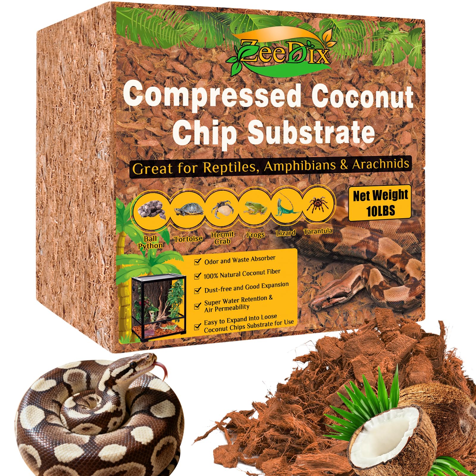 10LBS Coconut Husk Chip Substrate for Reptiles, 72QT Compressed Organic Coco Coir Chips for Snake Habitat, Reptile Bedding for Ball Python, Tortoises, Geckos, Lizards Terrarium Tanks