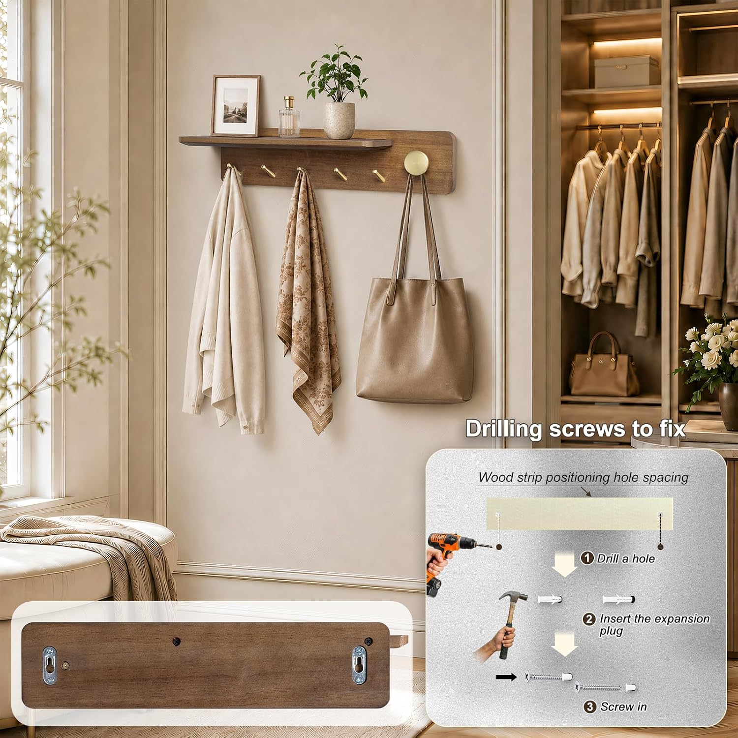 Coat Rack Wall Mount with Shelf, Solid Wood, 5 Brass Hooks, Brown