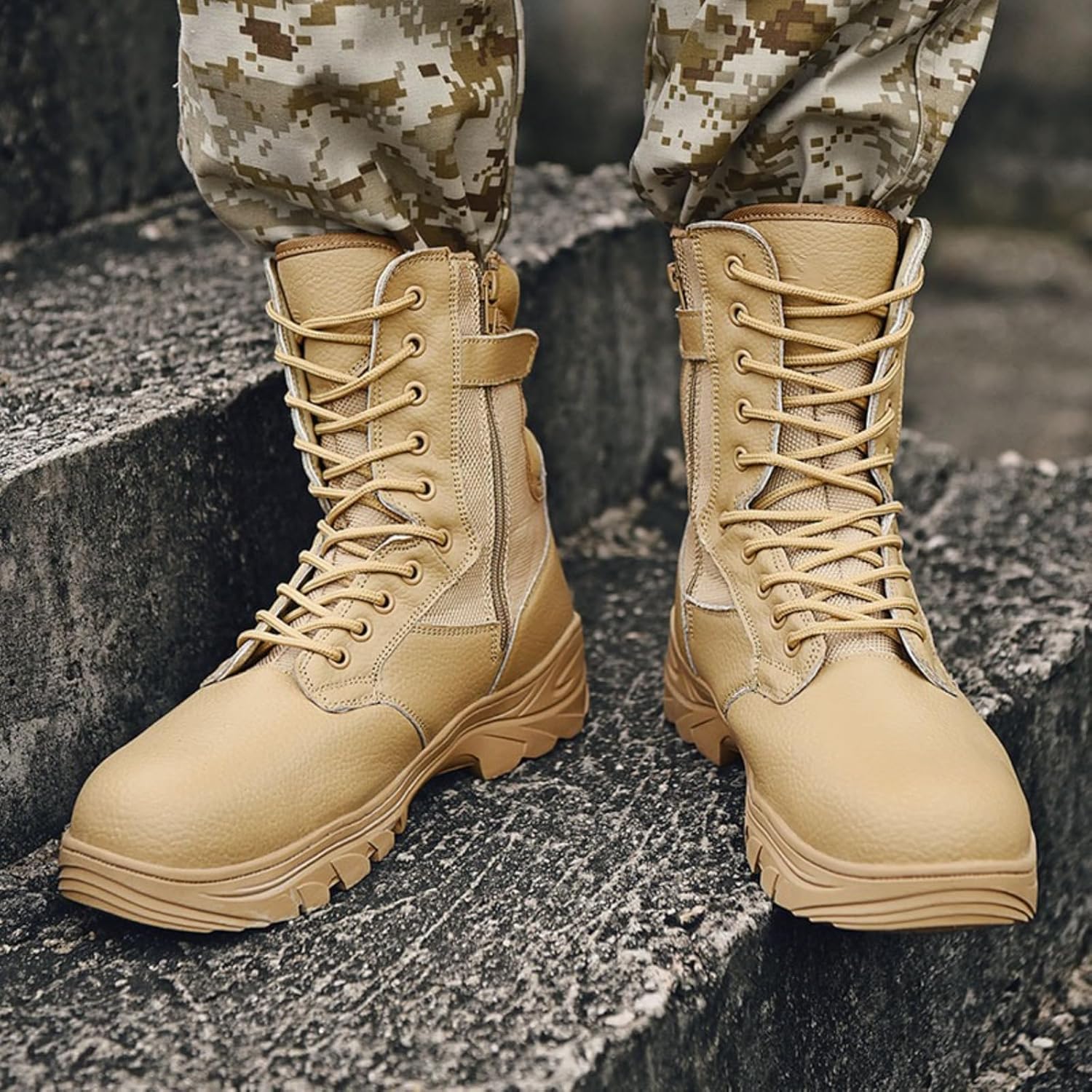 Women's Leather High Top Lace Up Steel Toe Military Tactical Boots with Side Zipper Non Slip Desert Combat Boots for Work Commando Mountaineering Trekking Army Jungle