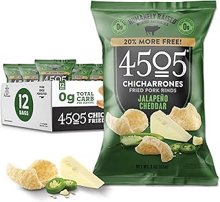 4505 Jalapeno Cheddar Seasoned Chicharrones, Fried Pork Rinds - Jalapeno Cheddar Flavored Pork Skins - Low Carb, Gluten-Free, Protein Snack - 3oz (Pack of 12