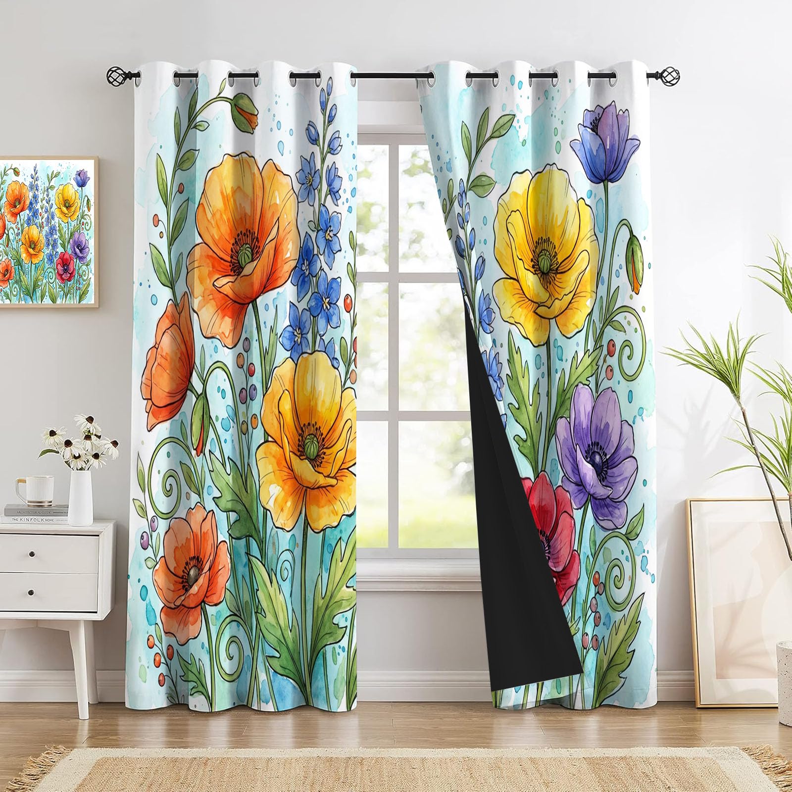 Orange Blickdicht Vorhänge, Mohnblume Gänseblümchen Rose Verdunklungsvorhänge Mit Ösen Gartenblumen Thermovorhang Für Wohnzimmer Schlafzimmer - H140 X B90 cm (2Er Pack)