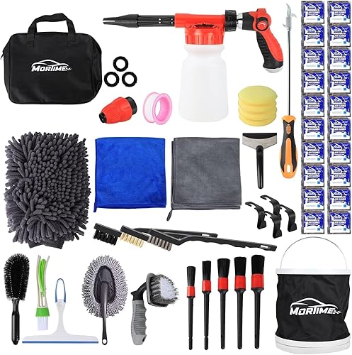 MorTime Kit de lavado de coche de 54 piezas con pistola de espuma, toallas de esponja para manoplas de lavado largo para ventana, raspador de agua,