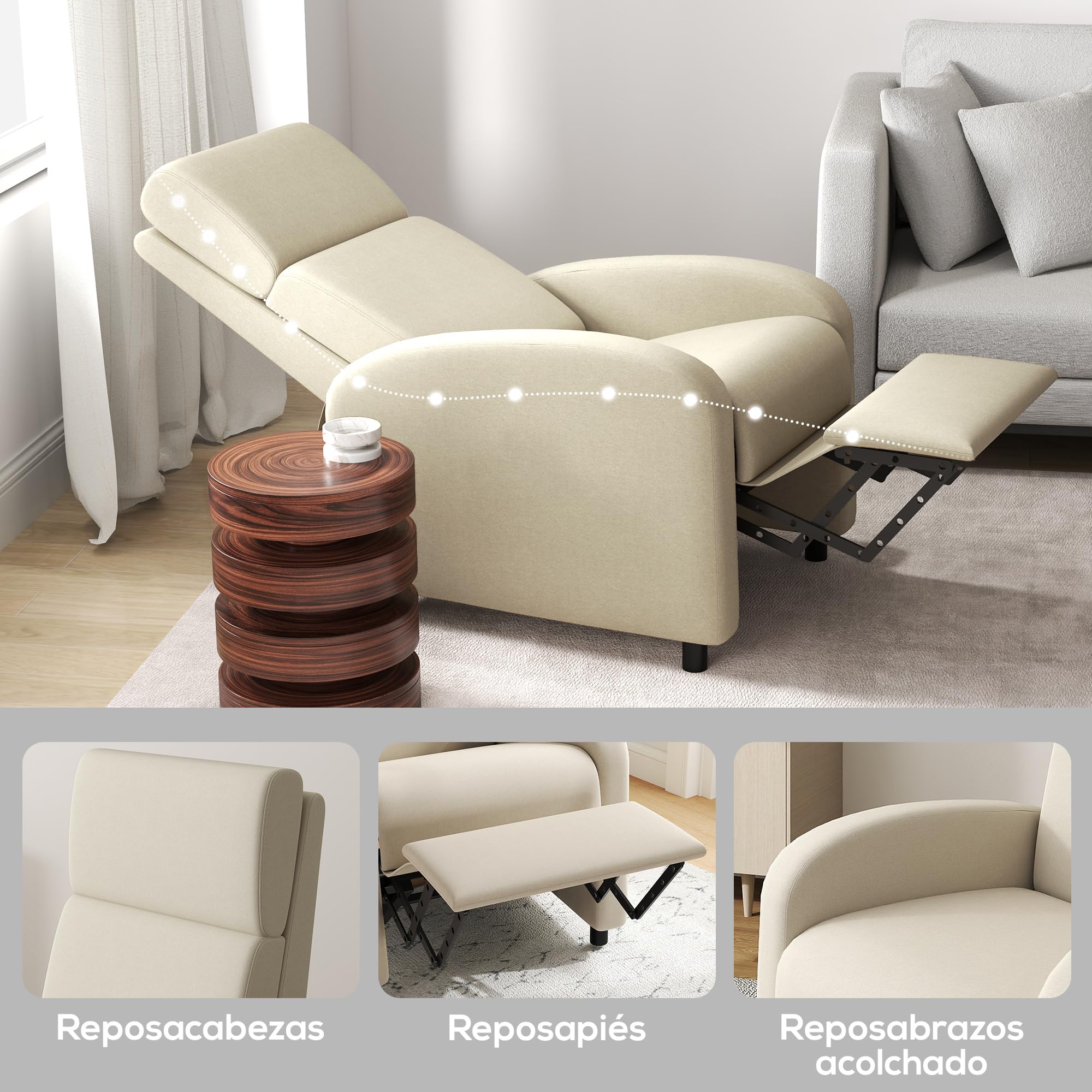 HOMCOM Sillón Relax Reclinable Manual Sillón Relax Tapizado en Lino Sintético con Reposapiés Respaldo Alto Carga 120 kg Butaca Reclinable para Dormitorio Oficina Crema
