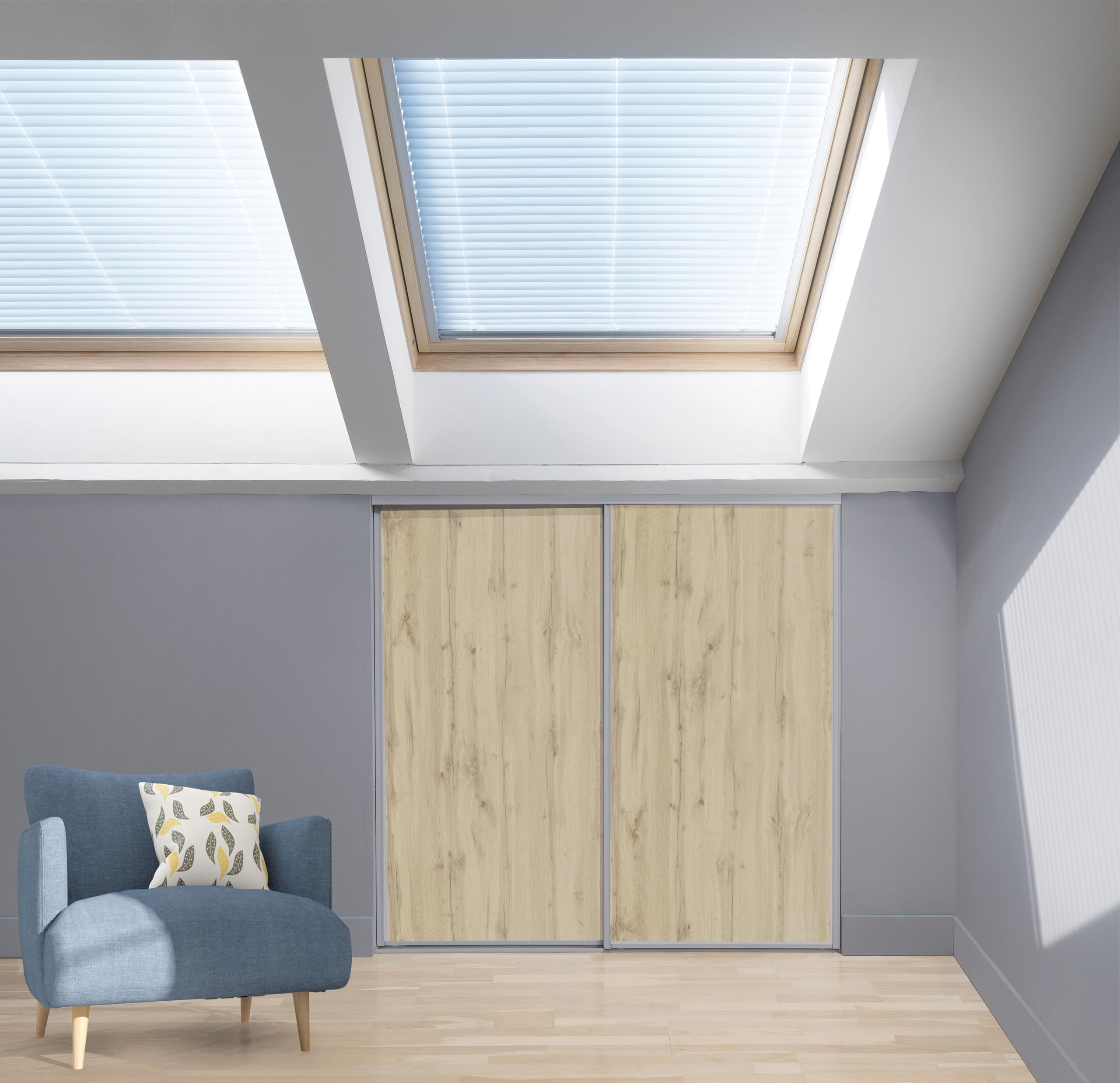 2 portes de placard coulissantes, hauteur 120 cm, largeur 120 cm, décor chêne authentique, profils et rails gris inclus