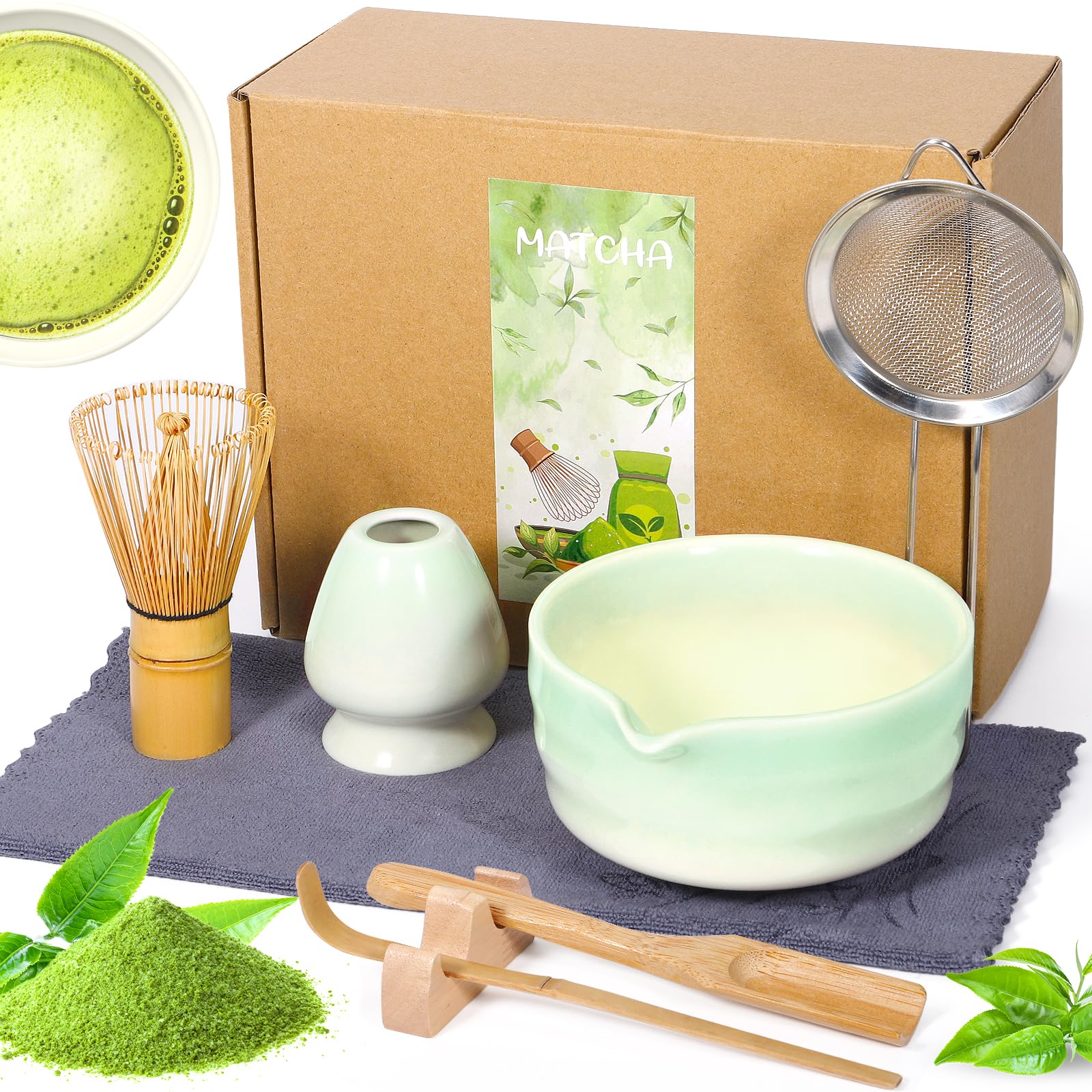 8-częściowy Zestaw do Matchy, Akcesoria Matcha, Miska do Matchy z Wylewkiem, Pędzel do Matchy, Łyżeczka, Szpatułka, Pomysł na Prezent dla Miłośników mat-chy i Początkujących (Zielony)