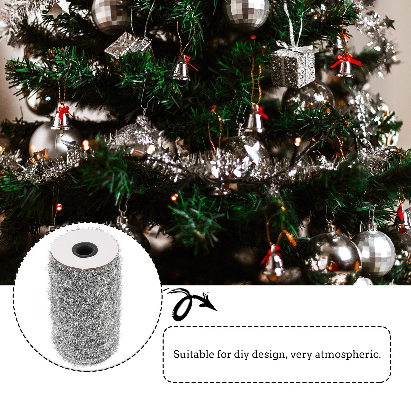 Gatuida Guirnalda de Oropel Navideño Plateado 1 Rollo de Espumillón Metálico Fino para Decoración de Árbol de Navidad Fiestas y Bodas Tira Ligera y Fácil de Colgar