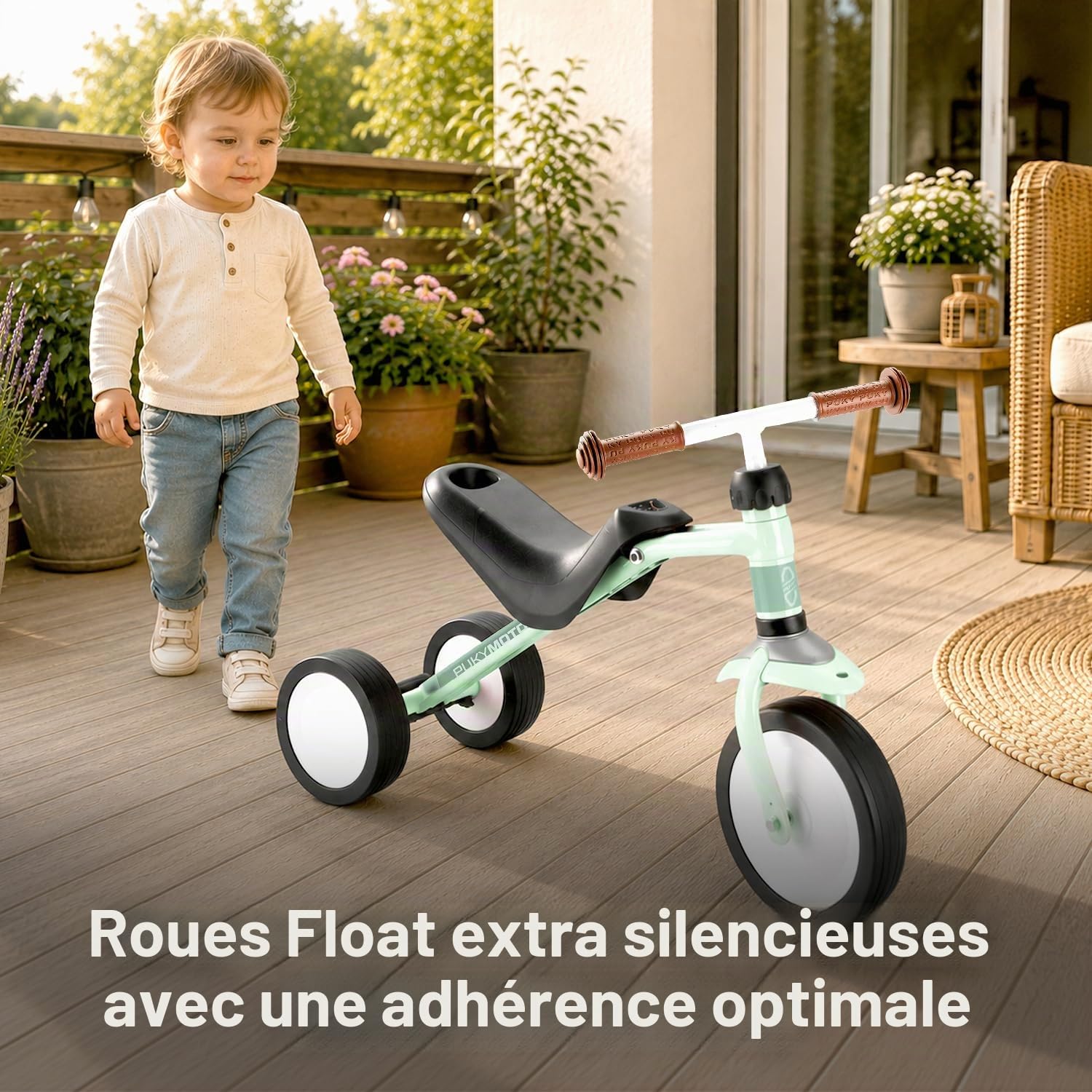 PUKY PUKYMOTO Vert | 2en1: Draisienne et Porteur | Trotteur dès 1,5 ans | Jouet sans pédales | Vélo enfant avec limitation de braquage | Véhicule enfants avec roues FLOAT pour intérieur/extérieur