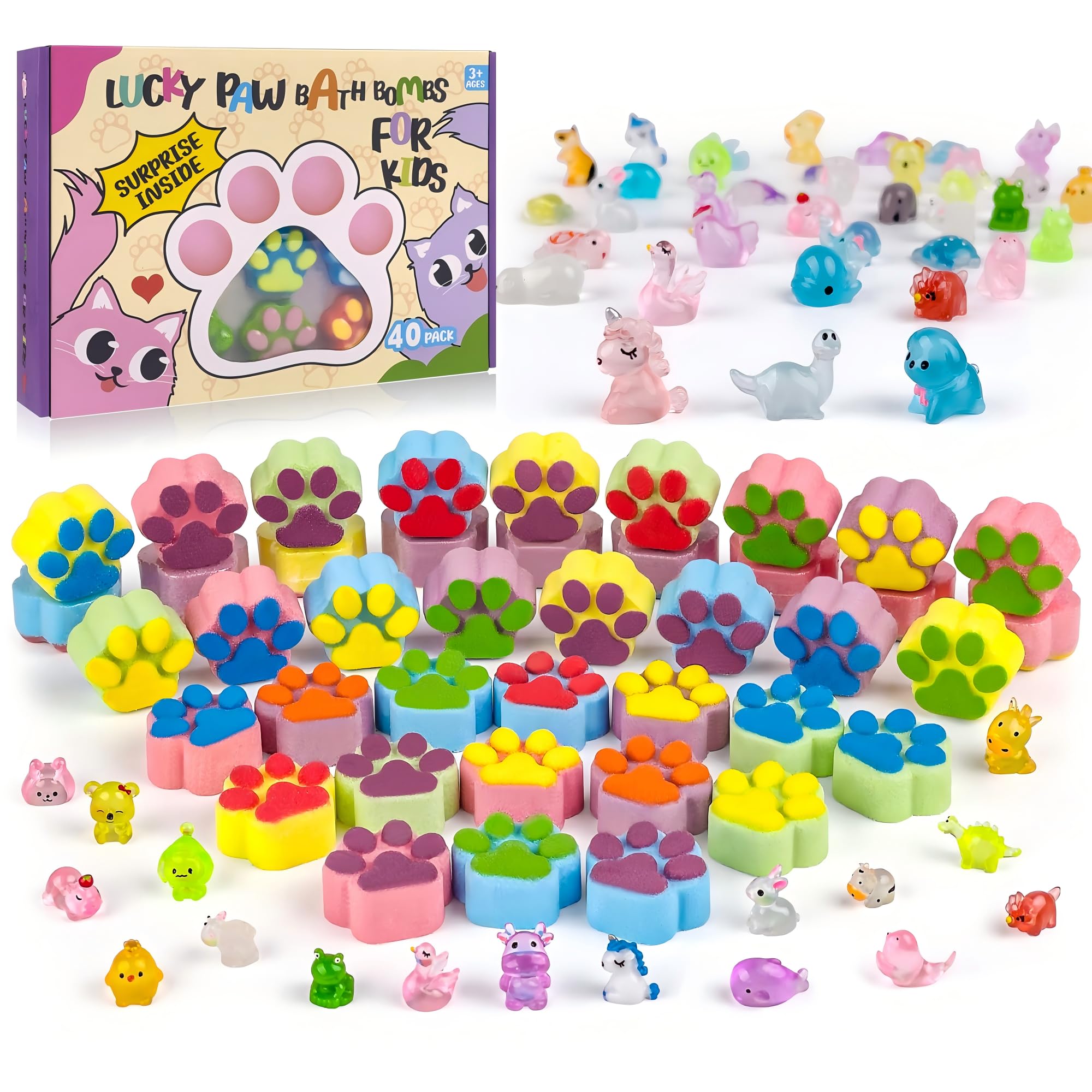 Bath Bombs for Kids with Surprise Inside, 40 Large Number Pack Kids Paw Shape Bath Bombs Gift Set, Natural Organic Kids Bubble Bath Fizzy for Girls Boys with Bath Toys Inside