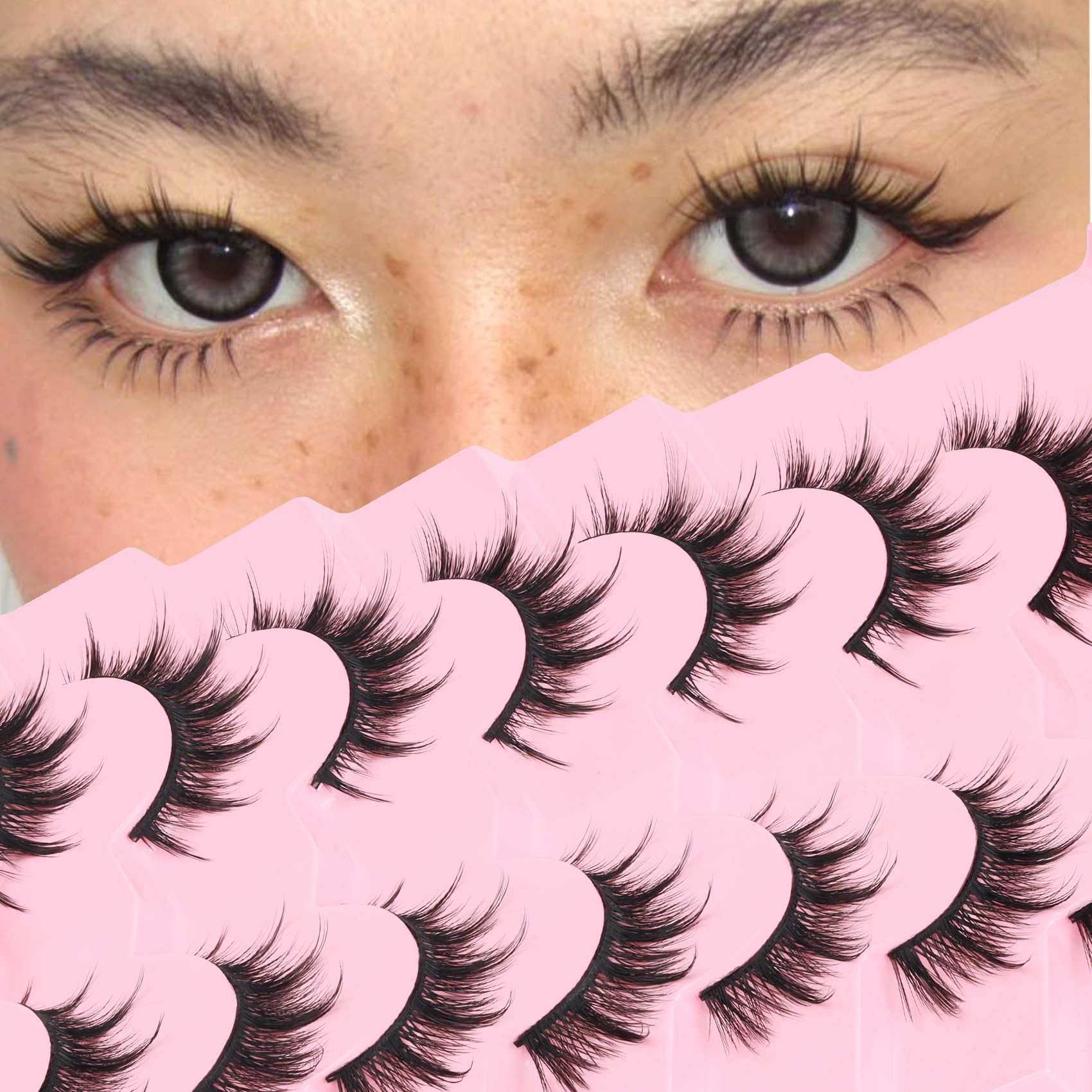Veleasha Eyelashes Manga Lashes Cat Eye Lashes Spiky Eyelash C Curl Lash Wispy Natural Look False Eyelashes with Soft Cotton Band 7 Pairs Pack (Sunny)